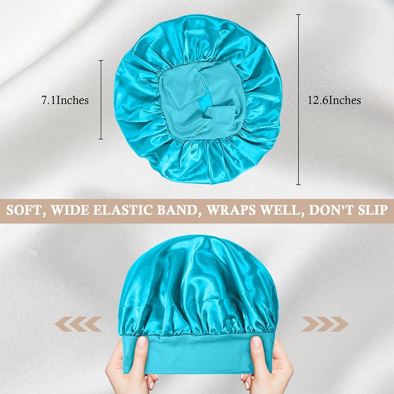 LEADUWAY 4Pcs Satin Bonnet Silk Bonnet, Hair Bonnet for Sleeping, Elastic Wide Band Silk Sleep Cap, Shower Cap Soft and Breathable (Blue Series) - Image 3